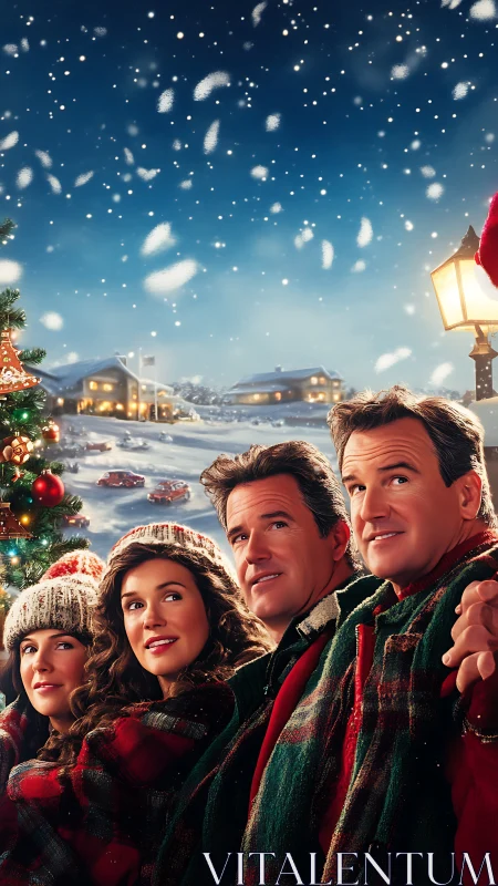 Four people in winter clothing before snowy village scene.