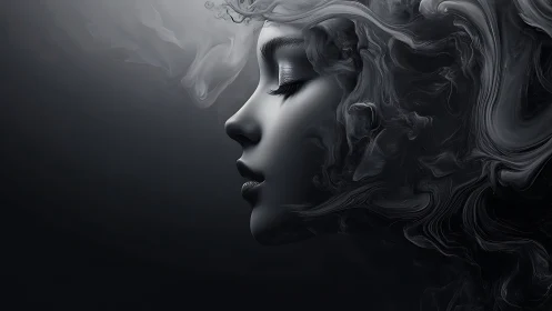 Monochrome side profile with abstract swirling smoke hair.