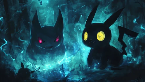 Haunted forest creatures glow amid eerie neon blue mist.