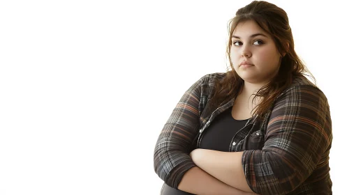 Young woman in plaid shirt with serious expression, studio portrait.