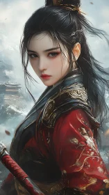 Armored warrior maiden in wind-swept wuxia mountain storm.