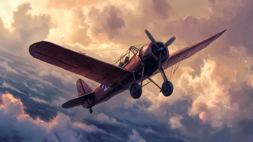 Vintage monoplane ascends through dramatic sunset cumulonimbus