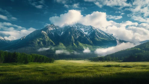 Snowcapped mountain range above green valley and low clouds.