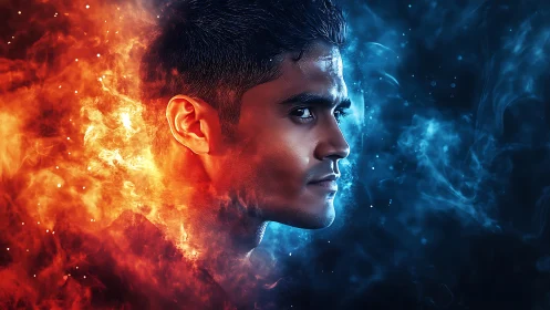 Dual-toned male portrait in dynamic fire and ice contrast.