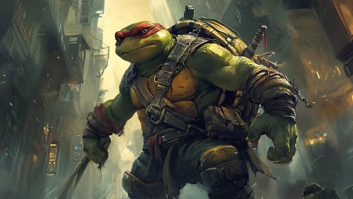 Armored turtle warrior patrols a moody urban alleyway.