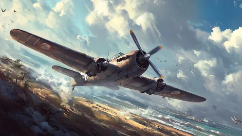 World War II fighter plane banks low above stormy coastline