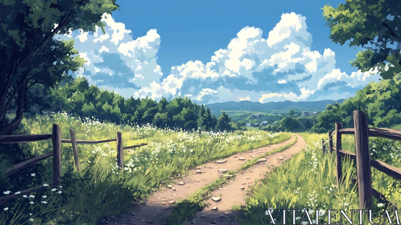 Rural dirt path under cumulonimbus sky, stylized daylight rendering.