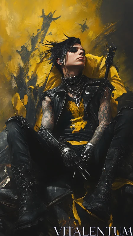 Gothic punk warrior rests against abstract yellow backdrop