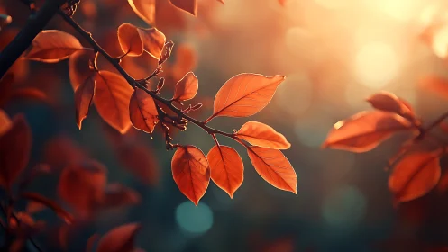 Autumn leaves on branches in soft sunlight, dreamy bokeh style.