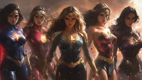Five Powerful Superheroines in Epic Cinematic Digital Art Style.