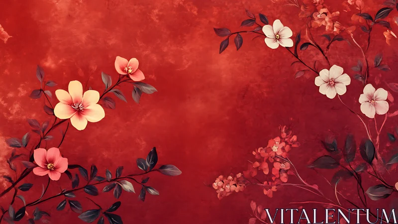 Elegant red floral background with peach and white spring blossoms