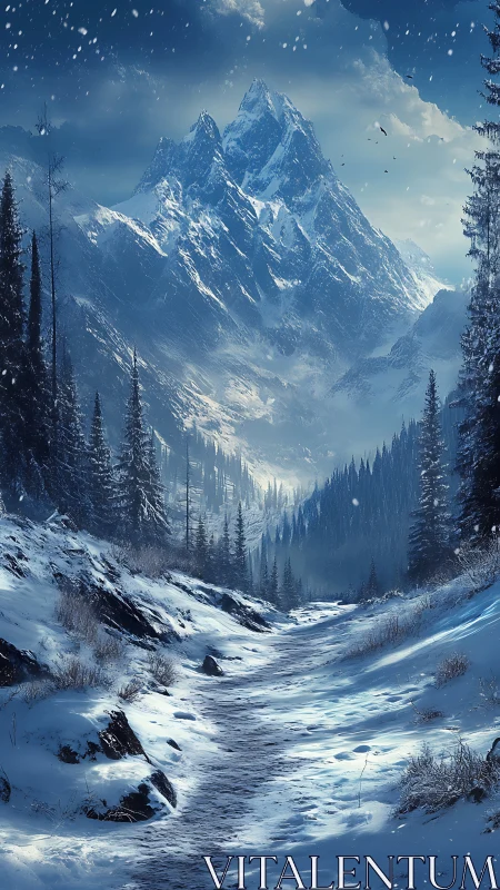 Snow-covered alpine trail leading toward jagged glacier peaks