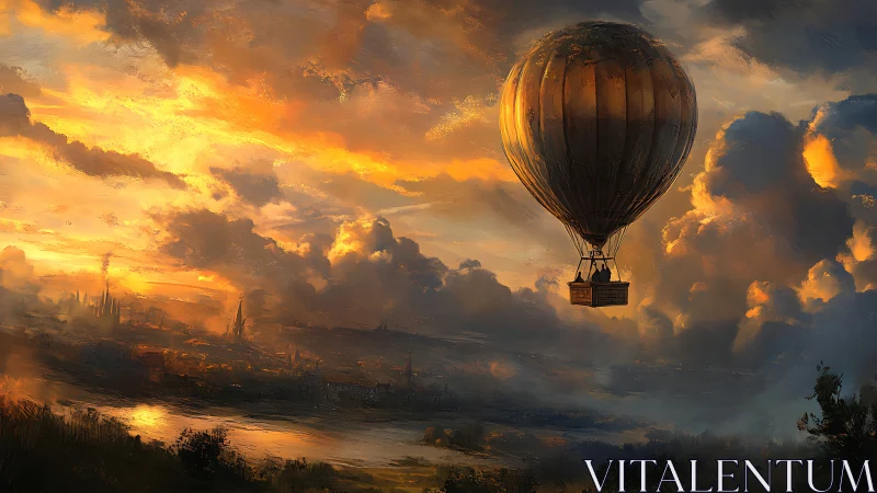 Golden hour balloon drifting above a dreaming city.