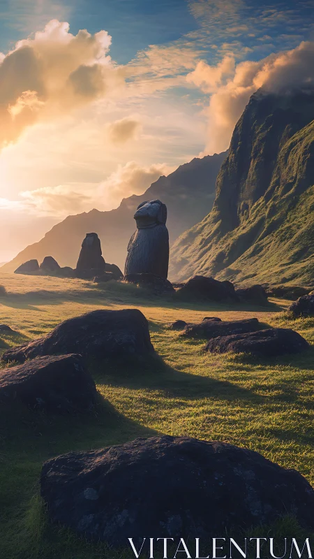 Stone guardian at dawn among mossy mountain shadows.