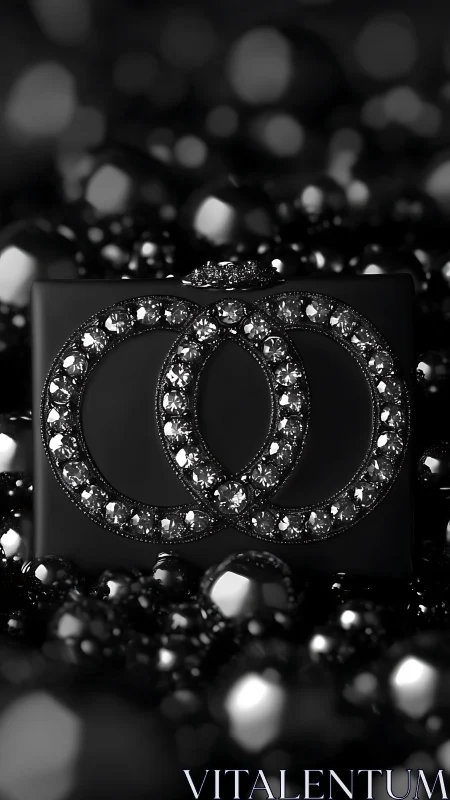 Black jeweled interlocking rings on luxury clutch centerpiece.