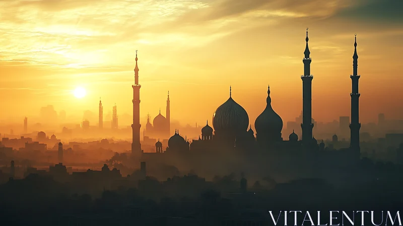 Golden sunrise over domed mosque skyline in soft haze.