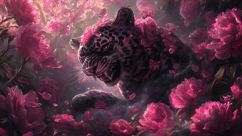 Leopard surrounded by pink peonies in digital art.
