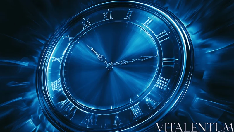 Luminous blue clock face dissolves into streaks of time.