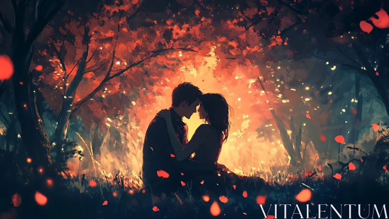 Couple Embracing in Fiery Forest with Glowing Particles