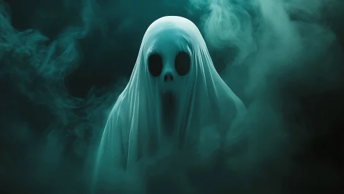 Translucent ghost figure in teal atmospheric fog field