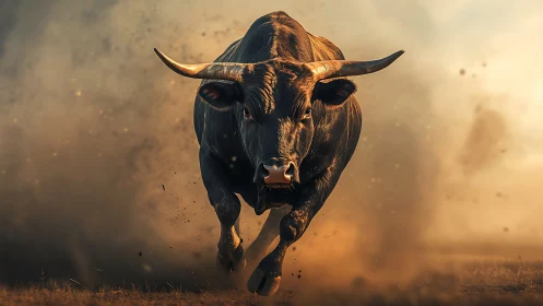 Charging bull explodes through dust in a dramatic sunset chase