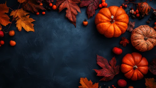 Autumn pumpkins frame dark textured background with leaves