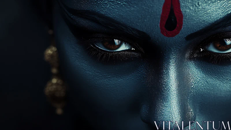 Fierce blue-painted eyes command an intense mystical gaze