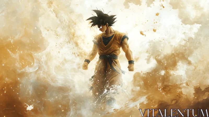 Storm of golden energy swirls around a determined warrior