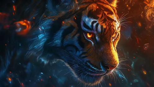 Bi-chromatic tiger portrait in blazing chromatic contrast.