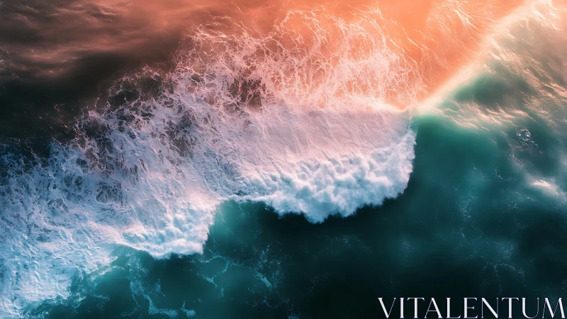 Aerial ocean surf glows under soft golden sunset light.