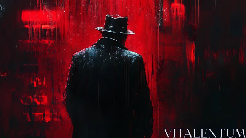 Noir silhouette in red rain soaked abstract alleyway.