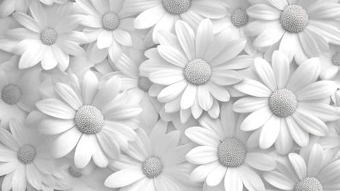 White daisy flowers bloom in soft monochrome botanical arrangement