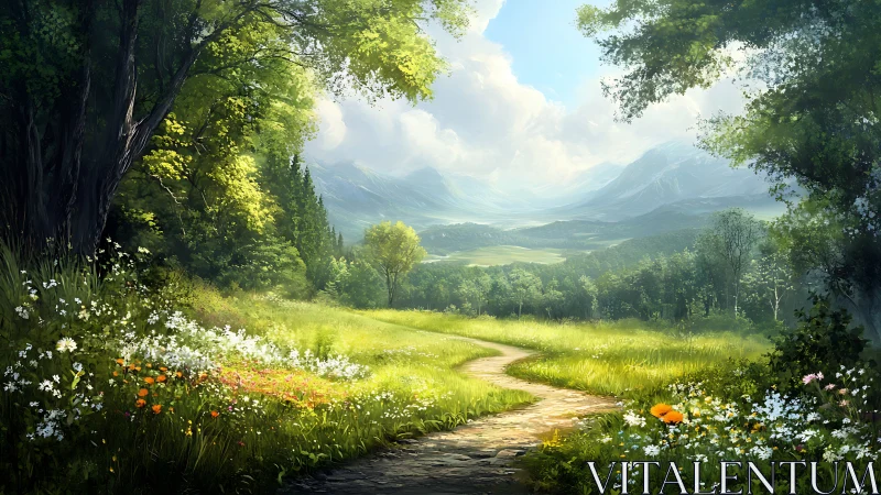 Curving footpath through wildflower meadow toward hills.