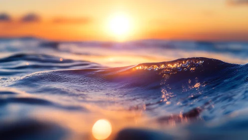 Low-angle sunset ocean wave captures specular highlights in bokeh