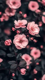 Pink flowers with visible stamens photographed against dark foliage background