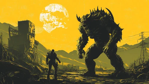 Armored survivor confronts giant monster in ruined wasteland.