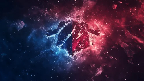 Shattered cosmic crystal glowing in swirling red and blue light.