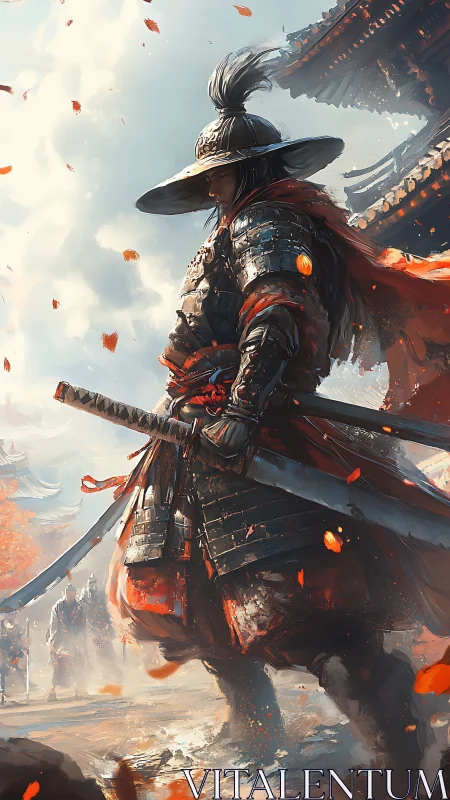 Lone samurai strides through drifting embers and memory.