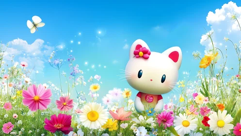 Cartoon white kitten explores bright wildflower meadow