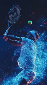 Neon tennis backhand freezes motion in electric blue storm.