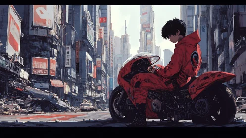 Solitary rider on red bike in dense ruined city street.