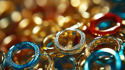 Shimmering jeweled rings in vivid bokeh-lit cascade.