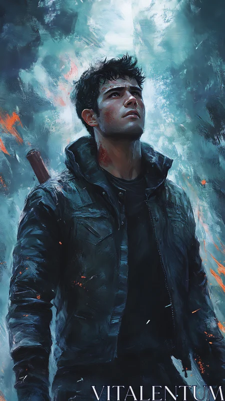 Male survivor stands in burned forest with weapon ready