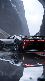 Futuristic supercar stands on wet mountain road in rain