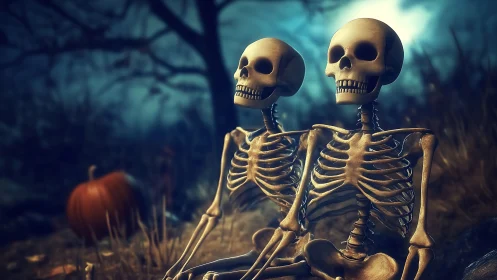 Digital skeleton couple under moonlit Halloween sky.