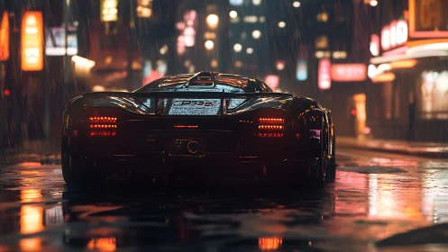 Midnight hypercar idling under neon rain-soaked skies.