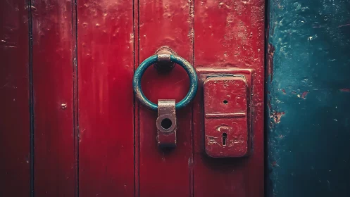 Weathered red door lock captures urban mystery and tension