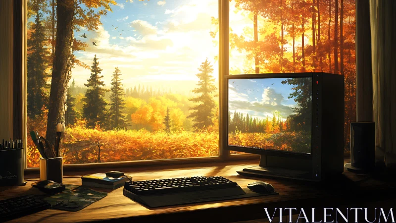 Desktop workstation overlooks glowing autumn forest view