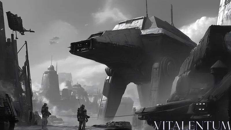 Colossal walking starship guards a misty future cityscape.