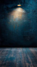 Overhead lamp illuminating textured blue wall and floor.